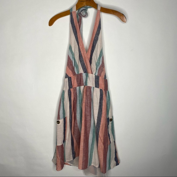 American Eagle | Striped Linen Blend Halter Tie Dress - Picture 2 of 7